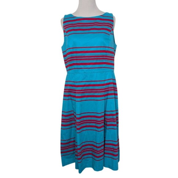 Talbots Stripe Dress Womens Size 10 Turquoise Blue Red Fit And Flare Sleeveless - Picture 1 of 8